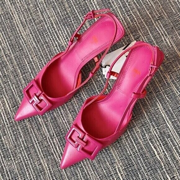 ZARA Leather Heels with Front Buckle NWT | Fuchsia Slingback Size 7.5 - Picture 5 of 16